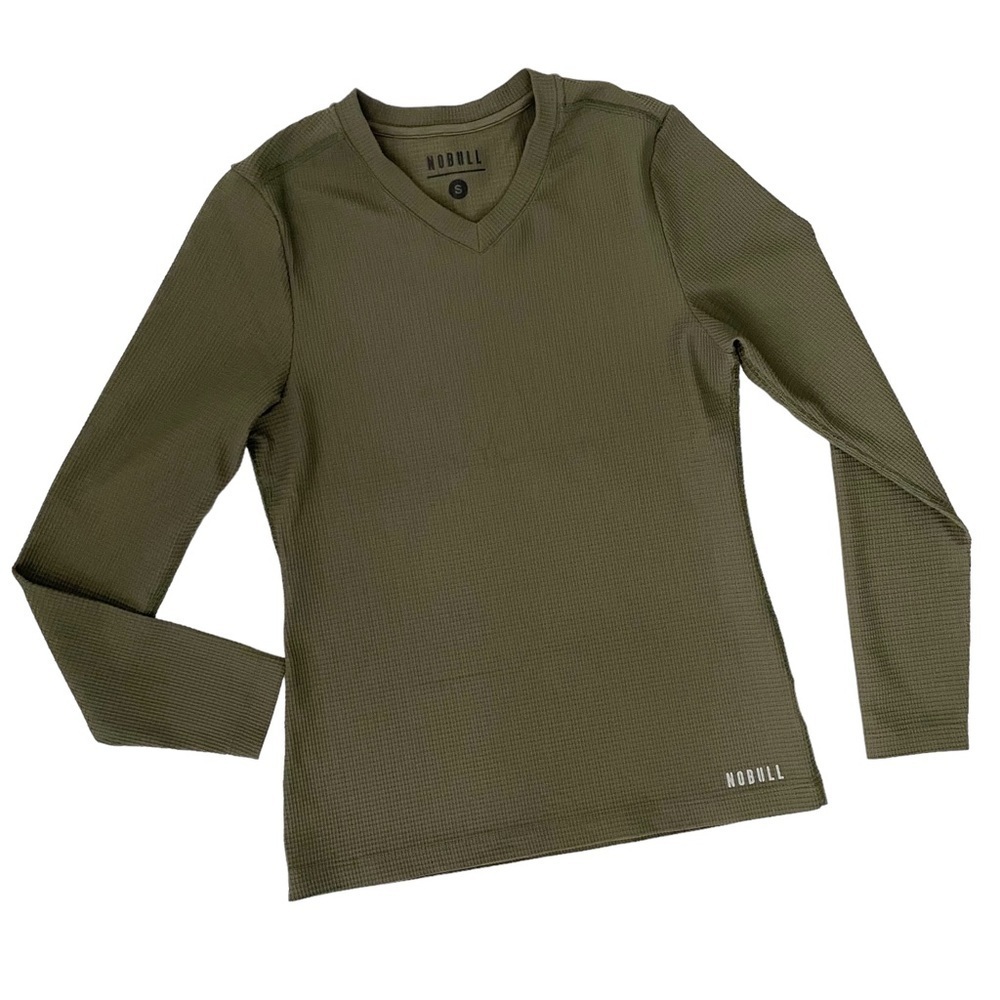 NOBULL men’s waffle knit long sleeve olive green small v neck